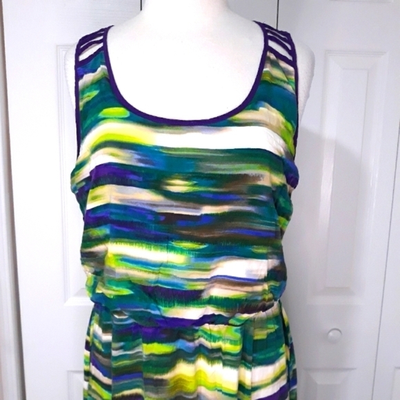 Attention Dress Maxi Sleeveless Multicolor Purple Green Blue Cutout Deta… - Picture 2 of 11